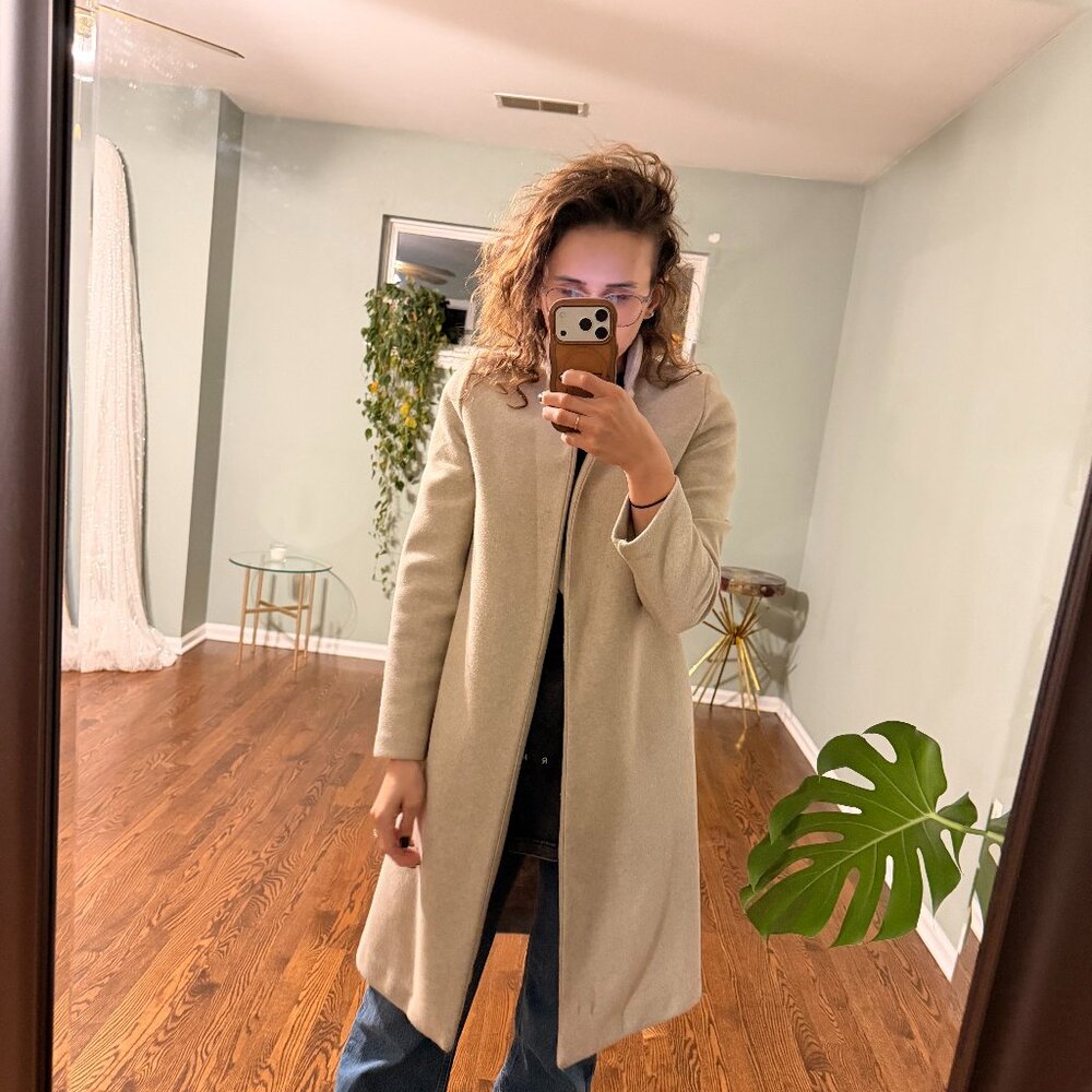 Minimalist Beige Wool-Blend Open Front Coat